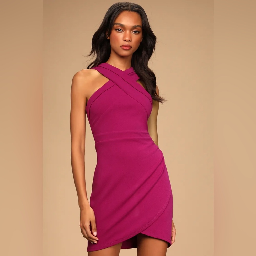 Lulus Headed to Cocktail Hour Magenta Tulip Cocktail Mini Dress